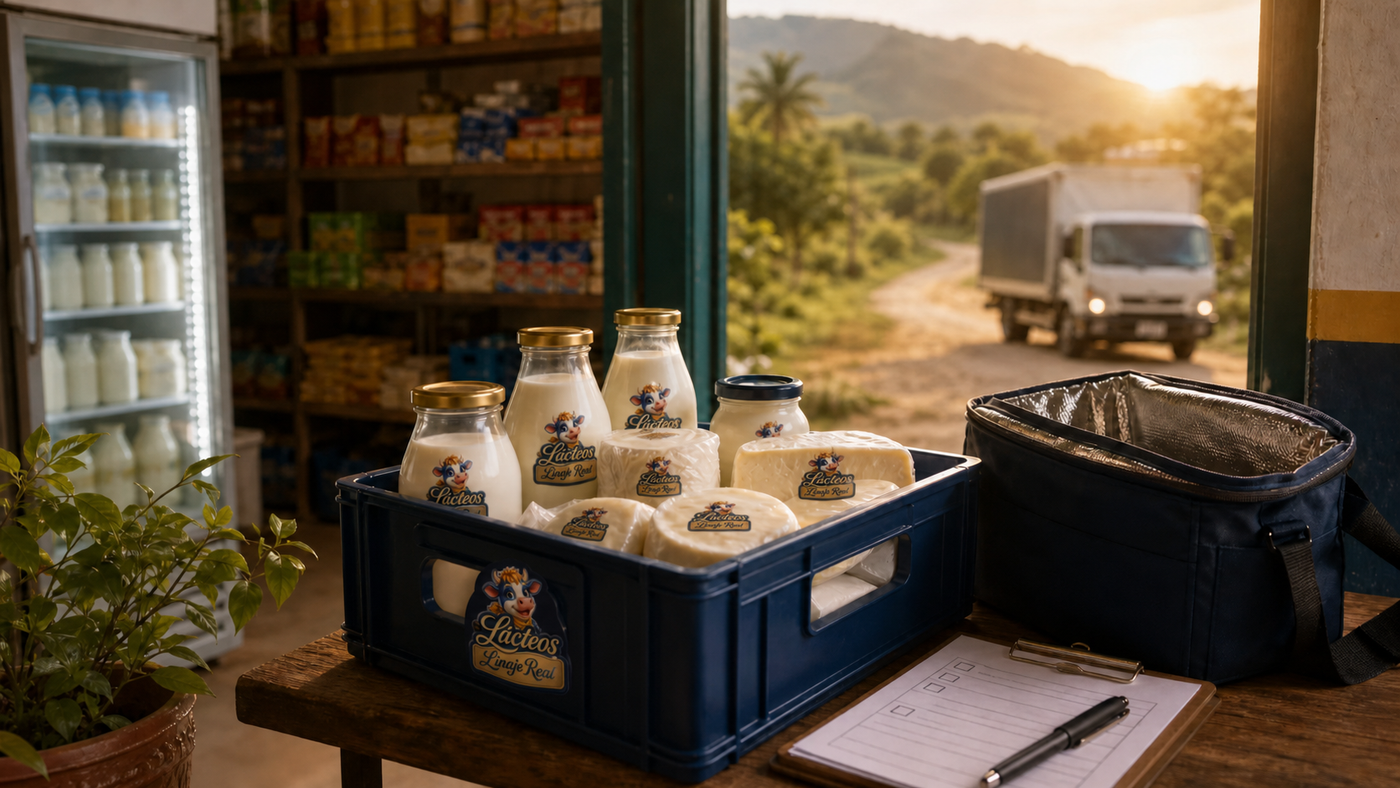 Caja de productos Lácteos Linaje Real identificados para distribución en una tienda local