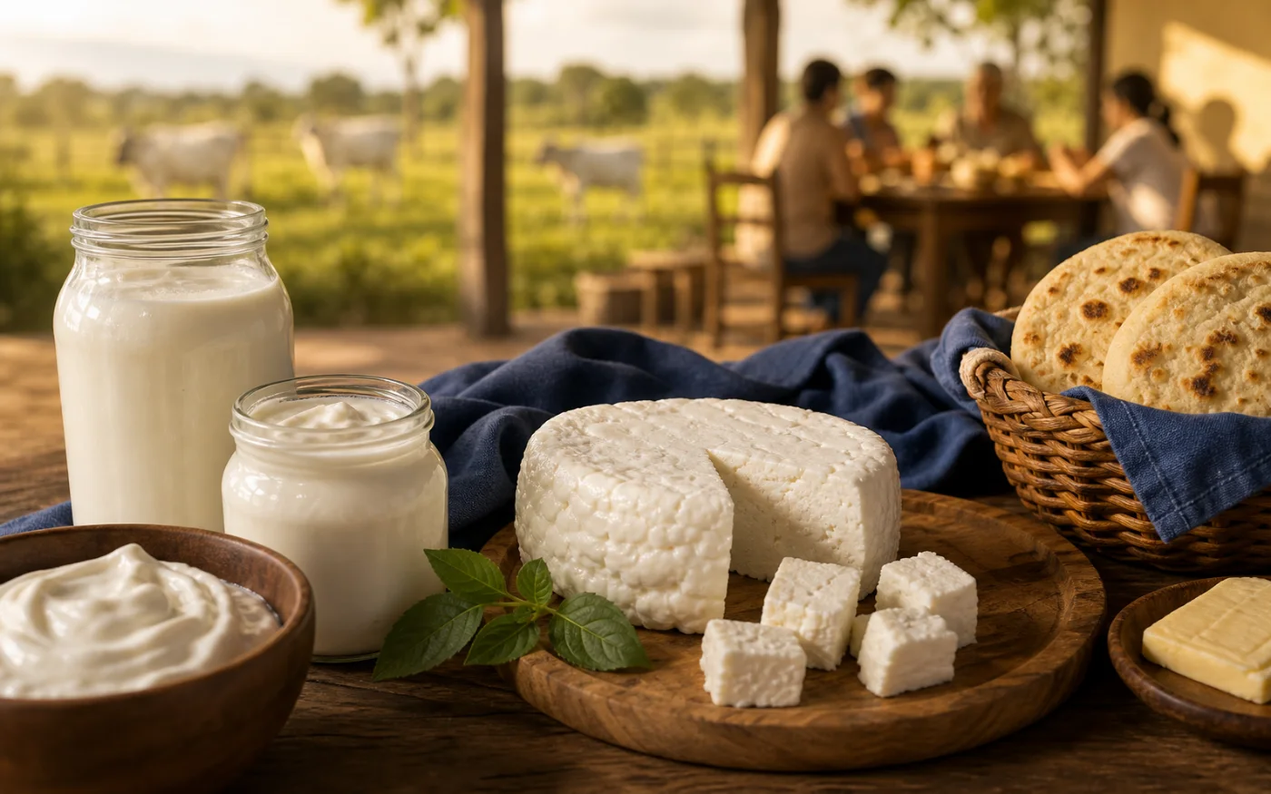 Mesa familiar en Apure con yogurt, queso fresco, leche y arepas